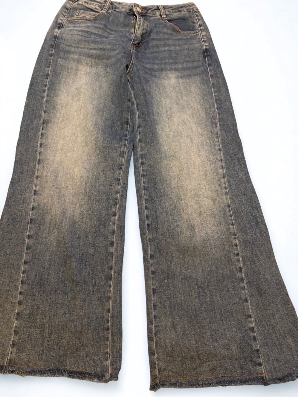 Trendy Queen Size 10 High Rise Wide Leg Raw Hem Jeans Medium Wash